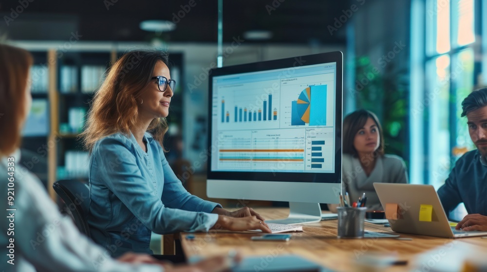 Financial computer screen project statistics or report, woman coaching interested business people, giving educational workshop presentation in office, employees listening to professional mentor Financial computer screen project statistics or report, woman coaching interested business people, giving educational workshop presentation in office, employees listening to professional mentor