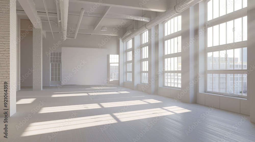 spacious loft with white walls and empty frame on the wall, mockup spacious loft with white walls and empty frame on the wall, mockup