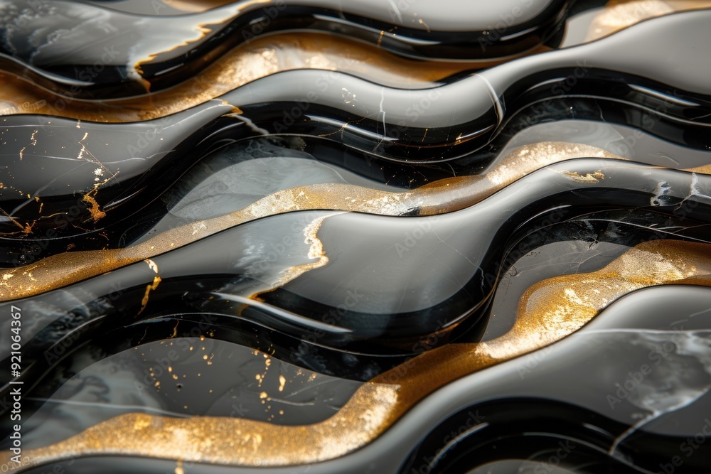 Abstract art displays flowing black and gold waves with smooth textures and depth Abstract art displays flowing black and gold waves with smooth textures and depth