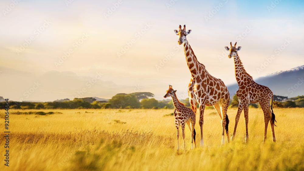 Obraz premium アフリカ「サバンナ」の草原で聞いきる「キリン」の親子