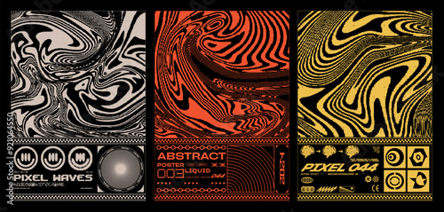 Liquid brutalism poster. Acid illusion dither pixel waves, design retro-futuristic print for clothing. Vector set  photo