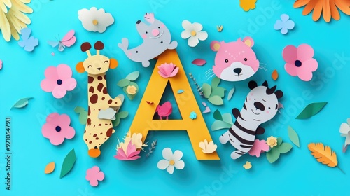 Letter A: Paper cut style illustration, colorful 3D whimsical, text "A" made of cute animals