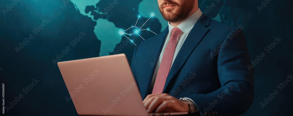 Global Business Strategy in Action, a professional man in a suit interacts with a laptop against a digital world map, symbolizing connectivity and innovation. Global Business Strategy in Action, a professional man in a suit interacts with a laptop against a digital world map, symbolizing connectivity and innovation.
