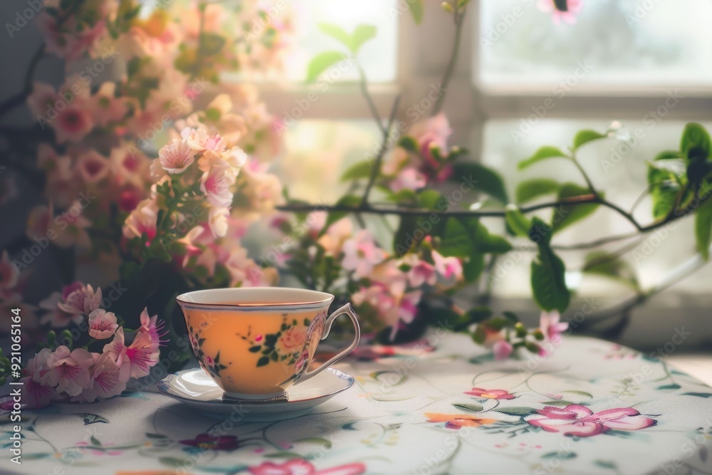 A delicate porcelain teacup with floral designs sits on a patterned tablecloth, surrounded by blooming flowers and soft sunlight filtering through a window A delicate porcelain teacup with floral designs sits on a patterned tablecloth, surrounded by blooming flowers and soft sunlight filtering through a window