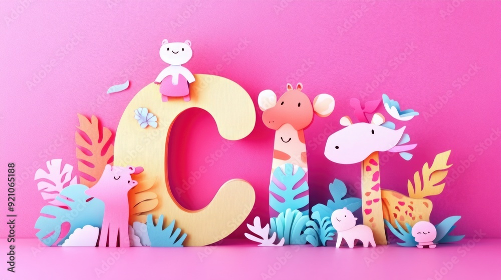 Letter C: Paper cut style illustration, colorful 3D whimsical, text Letter C: Paper cut style illustration, colorful 3D whimsical, text