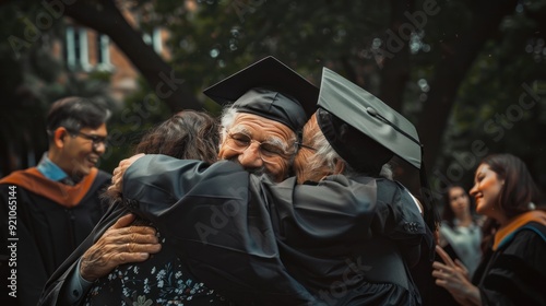 Graduating from university graduate in cap and gown hugging old parents celebrate childs achievement. Graduating moment of graduate family love culmination of years hard education