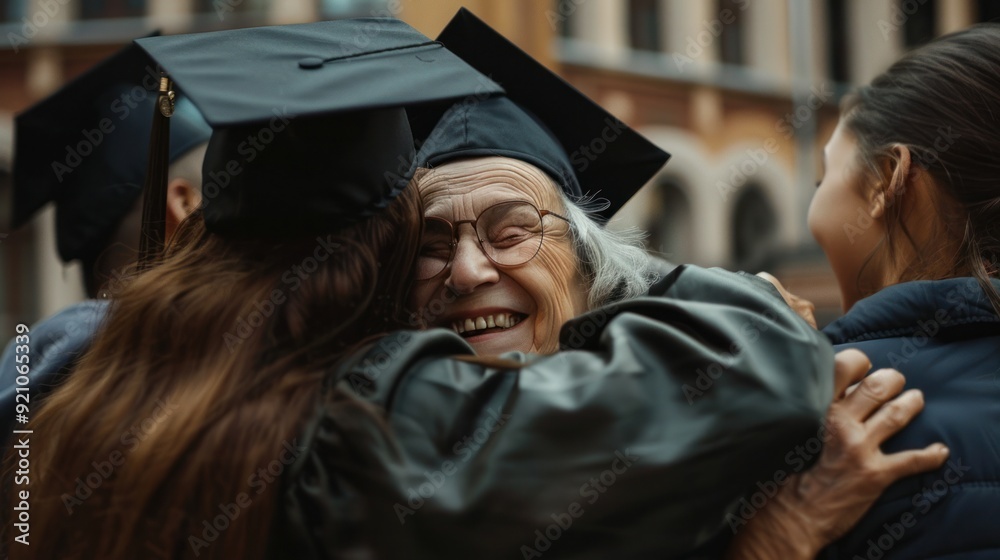Fototapeta premium Graduating from university graduate in cap and gown hugging old parents celebrate childs achievement. Graduating moment of graduate family love culmination of years hard education