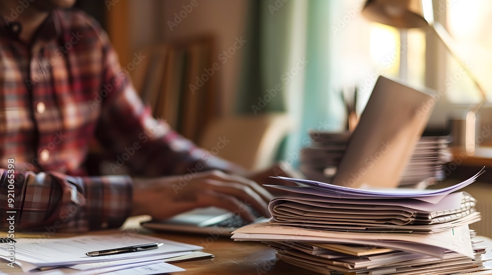 A man is sitting at a desk with a laptop and a stack of papers A man is sitting at a desk with a laptop and a stack of papers
