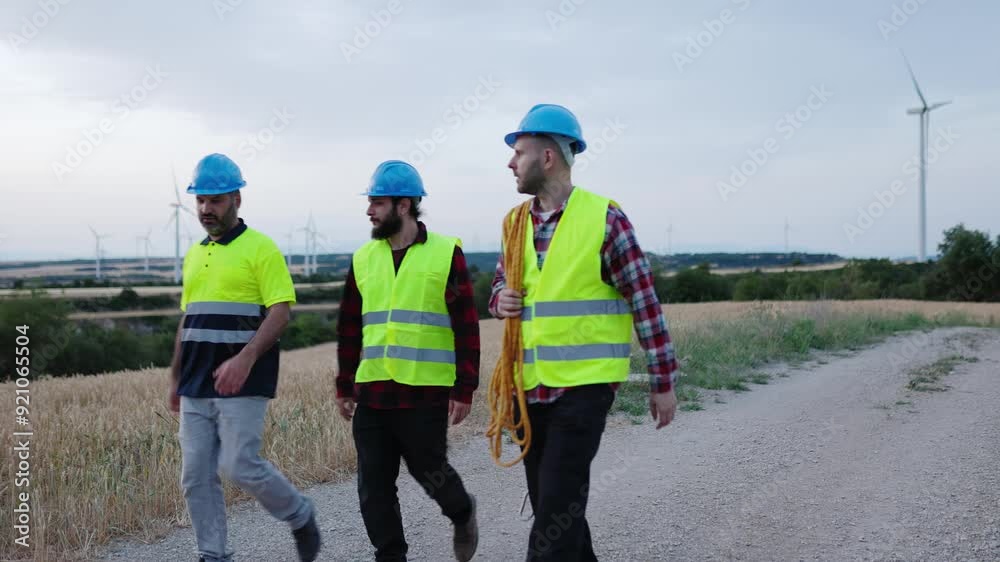 Group of technicians and engineers people walking on a field path at a wind farm - Renewable and alternative energy concept Group of technicians and engineers people walking on a field path at a wind farm - Renewable and alternative energy concept