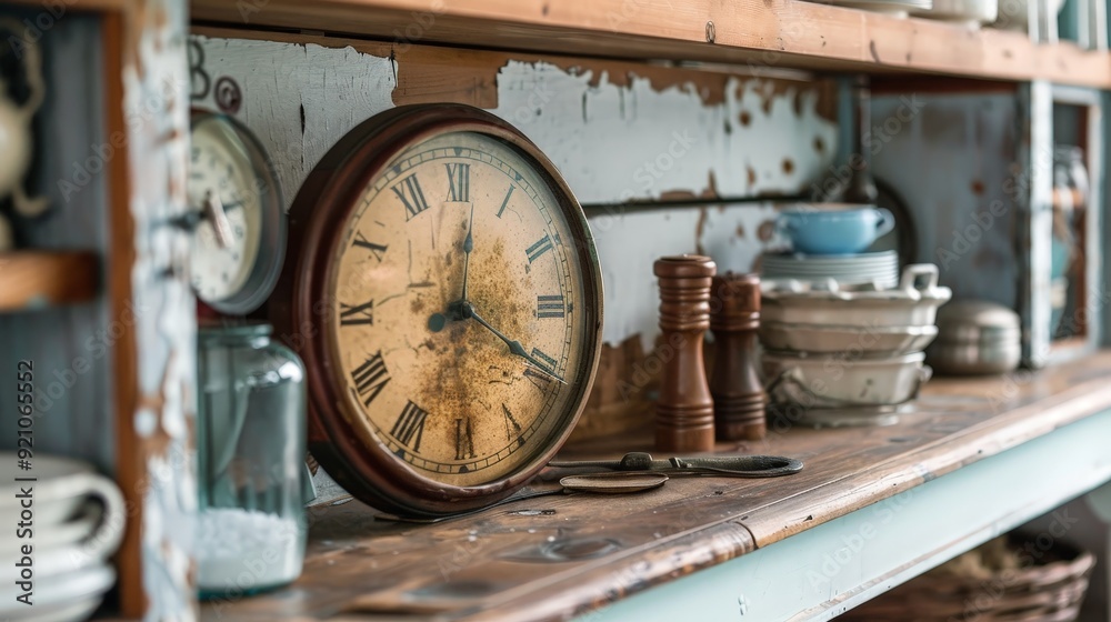 An antique kitchen clock with a simple, utilitarian design and a faded dial, evoking memories of homely meals and family gatherings. An antique kitchen clock with a simple, utilitarian design and a faded dial, evoking memories of homely meals and family gatherings.