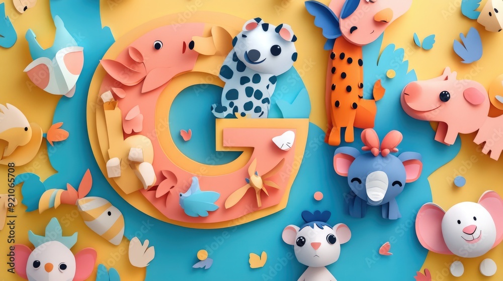 Letter G: Paper cut style illustration, colorful 3D whimsical, text Letter G: Paper cut style illustration, colorful 3D whimsical, text