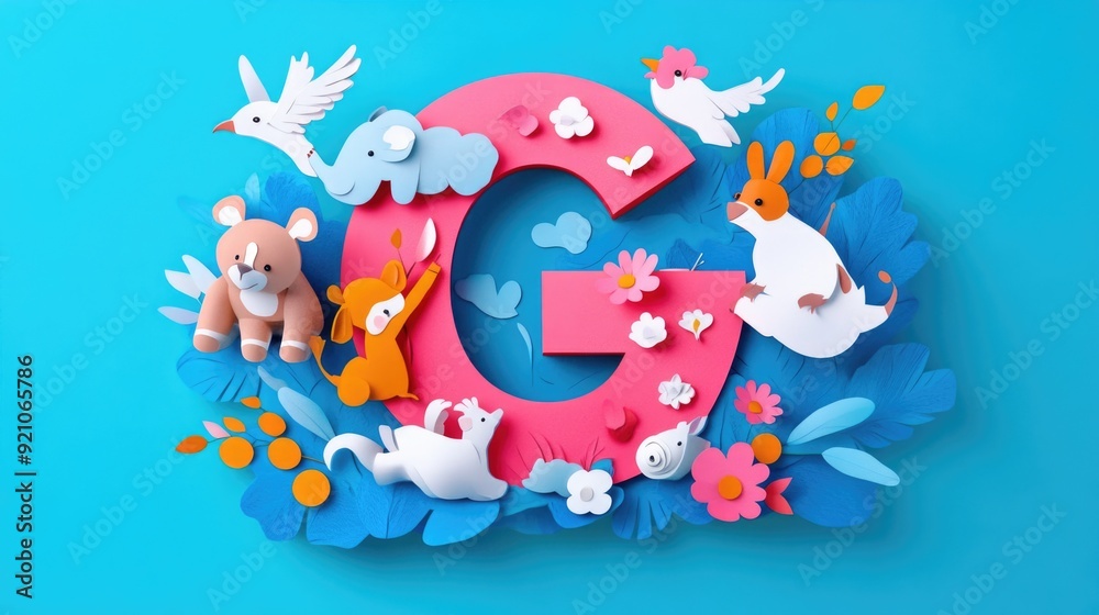 Obraz premium Letter G: Paper cut style illustration, colorful 3D whimsical, text 