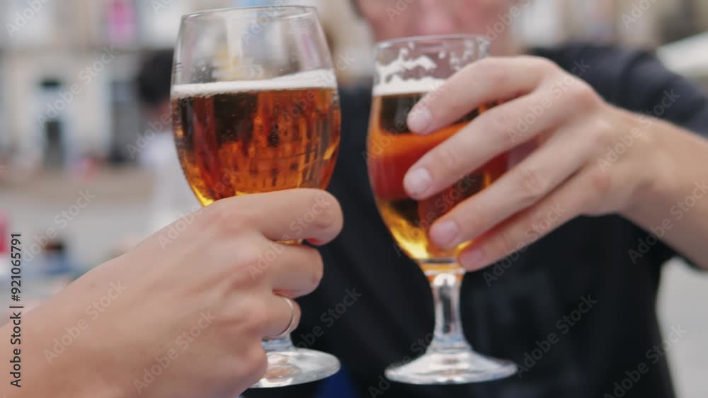 Celebration beer cheers concept - man cheers in camera, close up hands holding up glasses of beer of people group in outdoor party during their victory competition or successful task Celebration beer cheers concept - man cheers in camera, close up hands holding up glasses of beer of people group in outdoor party during their victory competition or successful task