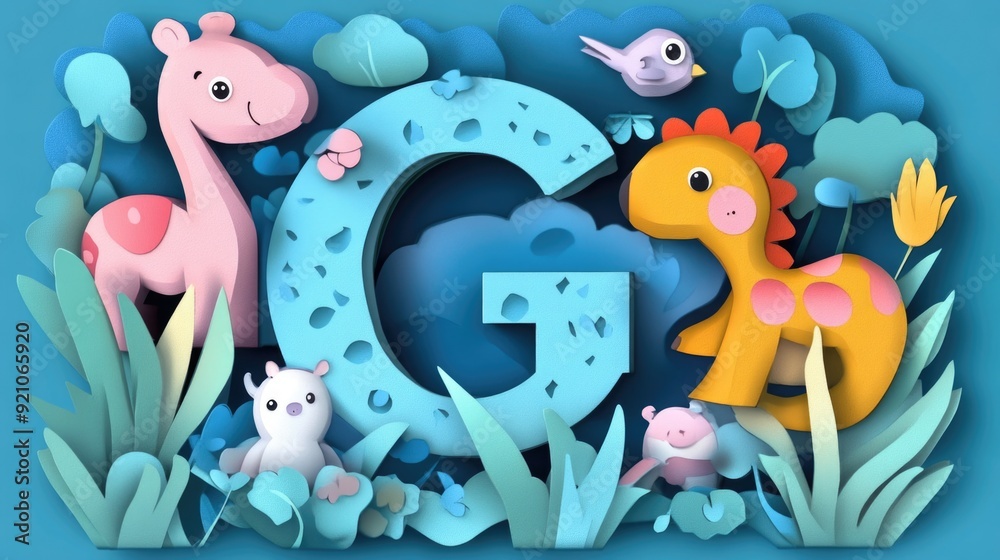 Letter G: Paper cut style illustration, colorful 3D whimsical, text Letter G: Paper cut style illustration, colorful 3D whimsical, text