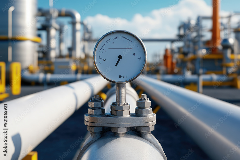 Industrial pressure gauge mounted on pipeline, measuring high pressure ...
