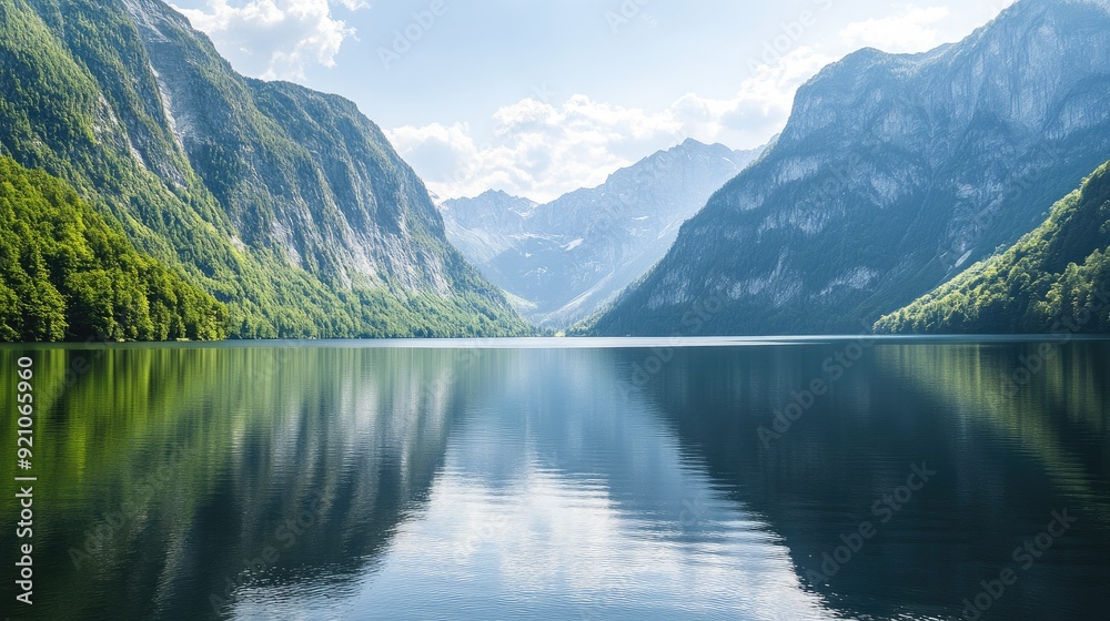 Tranquil lake reflecting towering mountains Tranquil lake reflecting towering mountains