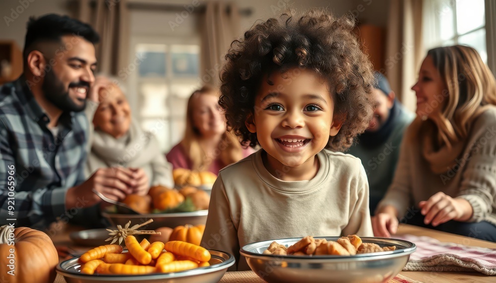 Family enjoying a festive meal with a smiling child at a cozy dining table Family enjoying a festive meal with a smiling child at a cozy dining table