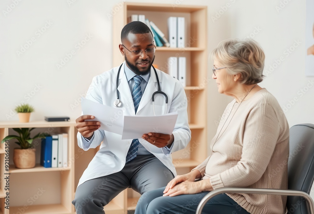 Obraz premium Doctor discusses medical report with elderly patient in a healthcare office during daylight