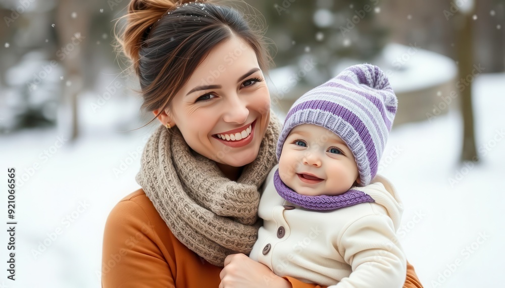 Mother smiling warmly while holding a baby in winter clothing during snowfall in a park