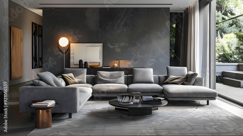 Modern Luxurious Living Room, A sleek and sophisticated living room interior featuring a plush grey sectional sofa, minimalist decor, and large indoor plants against a dark, textured accent wall, crea