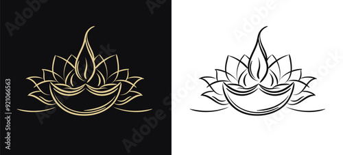 Linear illustration of Diya (Divaa) and Lotus flower (water lily) or dark and white background. Hand drawn golden and black outline traditional Indian oil lamp with Nelumbo nucifera flower