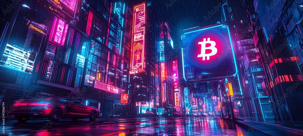 25. A vibrant digital cityscape with Bitcoin-themed neon lights and signs 25. A vibrant digital cityscape with Bitcoin-themed neon lights and signs
