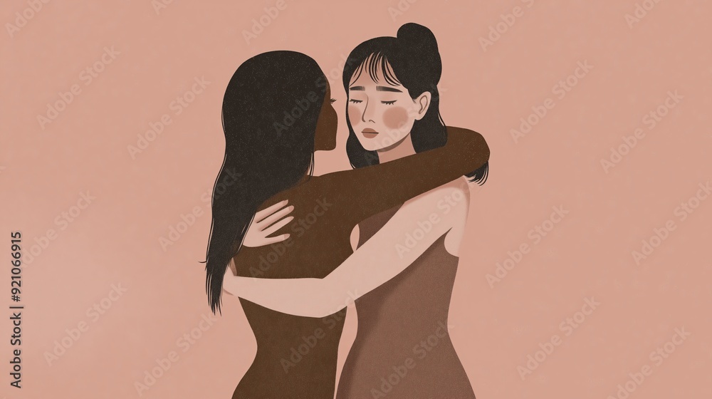 Two women, one Black and one Asian, embrace warmly against a soft pink background, conveying love and support. Two women, one Black and one Asian, embrace warmly against a soft pink background, conveying love and support.