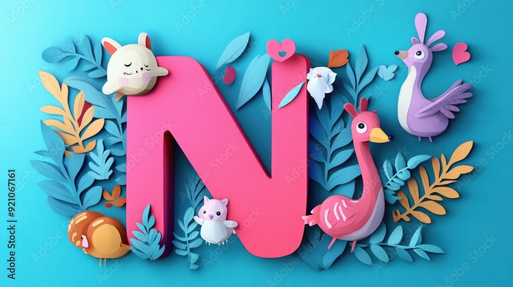 Letter N: Paper cut style illustration, colorful 3D whimsical, text Letter N: Paper cut style illustration, colorful 3D whimsical, text