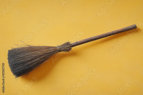A broomstick with a crooked handle, floating on a pastel yellow background,