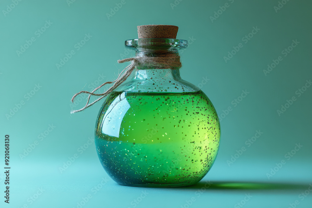 A potion bottle with a glowing green liquid, isolated on a pastel turquoise background, A potion bottle with a glowing green liquid, isolated on a pastel turquoise background,