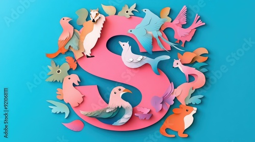 Letter S: Paper cut style illustration, colorful 3D whimsical, text 