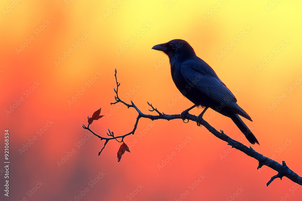 A raven perched on a twisted branch, silhouetted against a pastel orange background, A raven perched on a twisted branch, silhouetted against a pastel orange background,