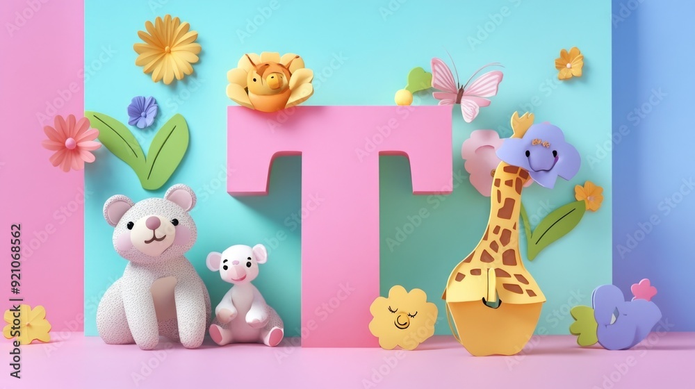 Obraz premium Letter T: Paper cut style illustration, colorful 3D whimsical, text 