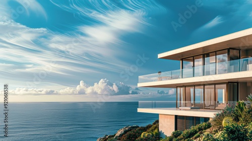 Modern, minimalist house with large windows overlooking the ocean and a clear blue sky.