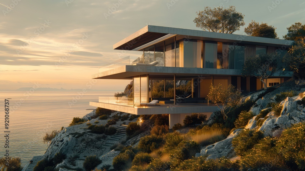 Modern, luxury home perched on a cliff overlooking the ocean at sunset. Modern, luxury home perched on a cliff overlooking the ocean at sunset.