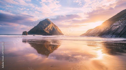 Absolutely beautiful landscape images of Holywell Bay beach in Cornwall UK during golden hojur sunset in Spring photo