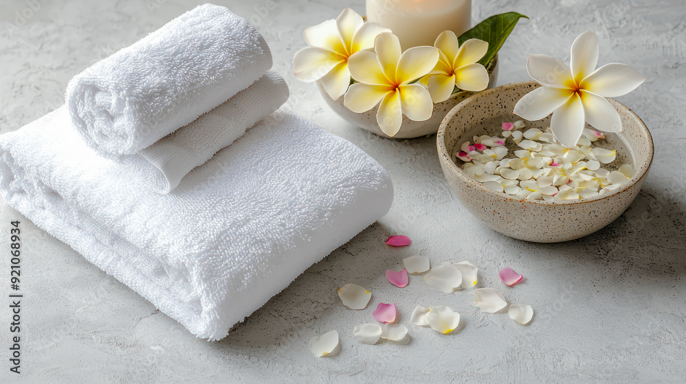 Thai style spa with frangipani flowers, bowl of water sprinkled with flower petals and white towels. Thai style spa with frangipani flowers, bowl of water sprinkled with flower petals and white towels.
