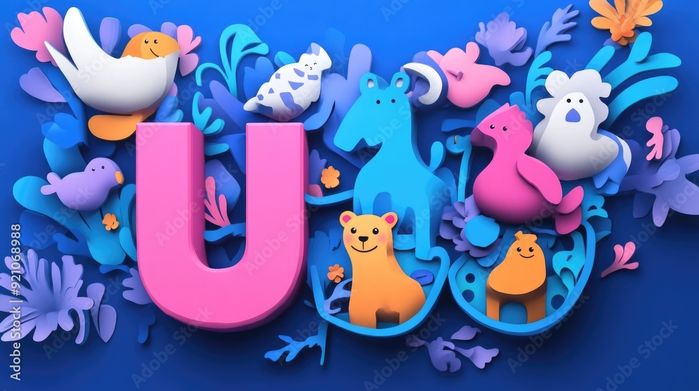 Naklejka premium Letter U: Paper cut style illustration, colorful 3D whimsical, text 