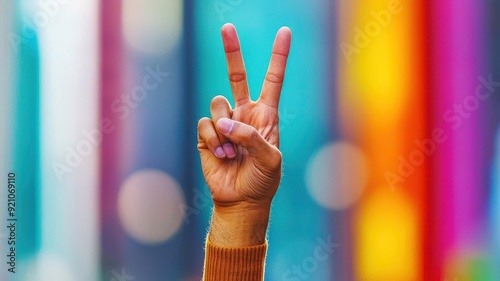 Detailed shot of a union member's hand raising a peace sign, symbolizing harmony and solidarity, Labor Day