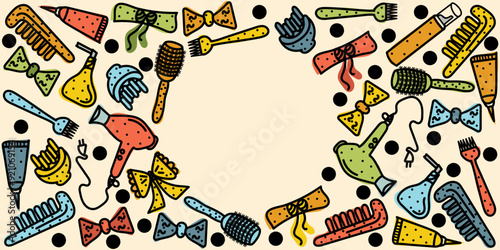 Colorful Doodle Hairdressing set frame: scissors, hair dryer, comb, diffuser, atomizer, paint brush, bow, headband editable stroke. Vector hand drawn illustration isolated on beige background	