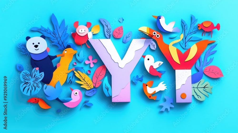 Fototapeta premium Letter Y: Paper cut style illustration, colorful 3D whimsical, text 