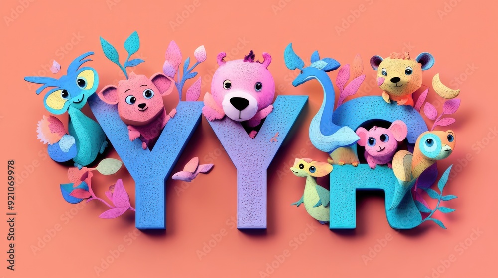 Fototapeta premium Letter Y: Paper cut style illustration, colorful 3D whimsical, text 