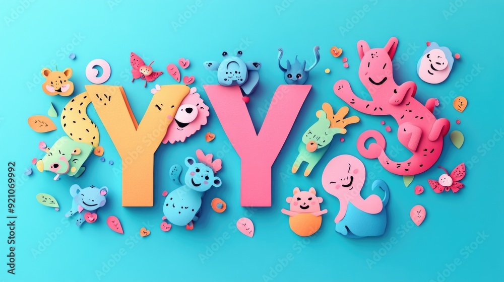 Letter Y: Paper cut style illustration, colorful 3D whimsical, text Letter Y: Paper cut style illustration, colorful 3D whimsical, text