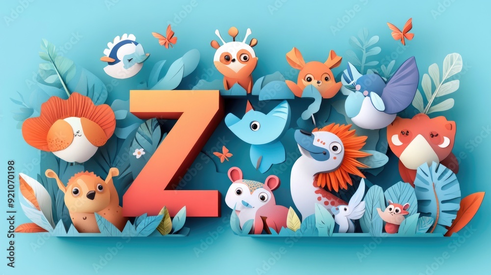 Letter Z: Paper cut style illustration, colorful 3D whimsical, text Letter Z: Paper cut style illustration, colorful 3D whimsical, text