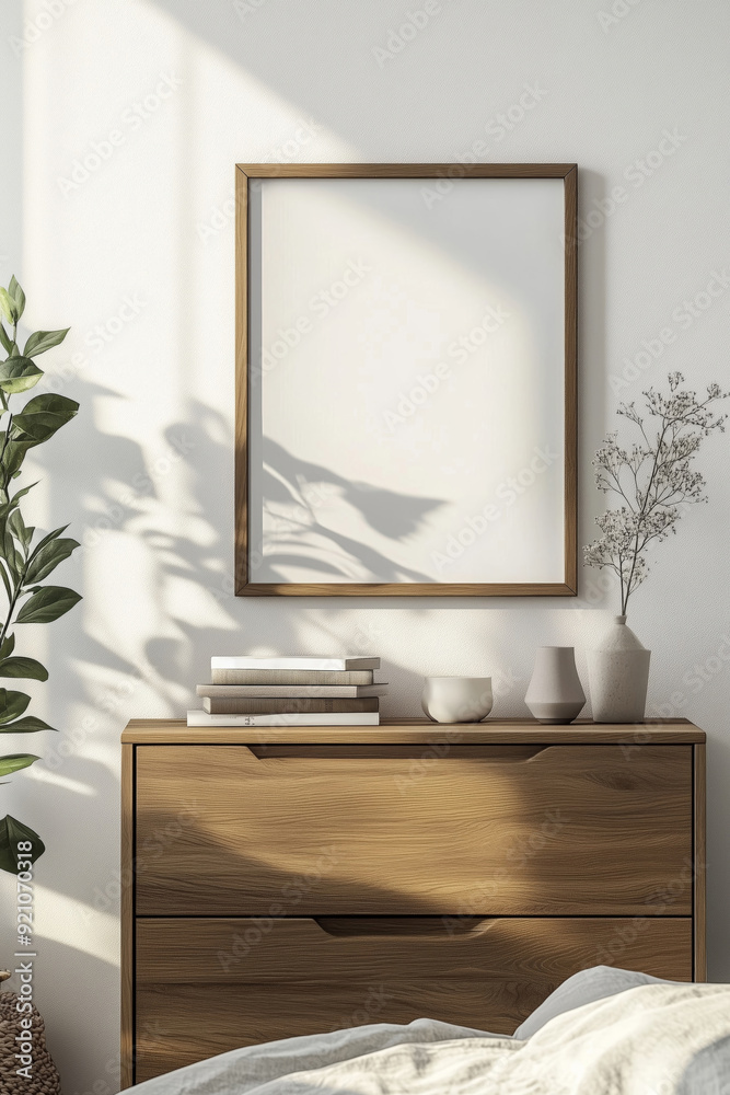 Mockup frame for wall decoration in a modern bedroom interior Mockup frame for wall decoration in a modern bedroom interior
