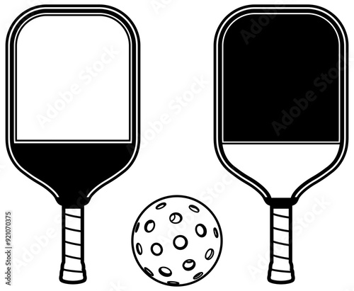 Black and White Pickleball Paddles and Ball Illustration