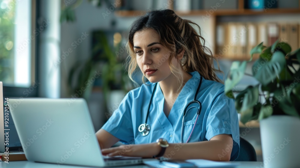 Portrait of a young female doctor or nurse in blue medical uniform sitting at the desk and working in medical office. Woman physician wearing stethoscope in clinic using laptop and typing Portrait of a young female doctor or nurse in blue medical uniform sitting at the desk and working in medical office. Woman physician wearing stethoscope in clinic using laptop and typing