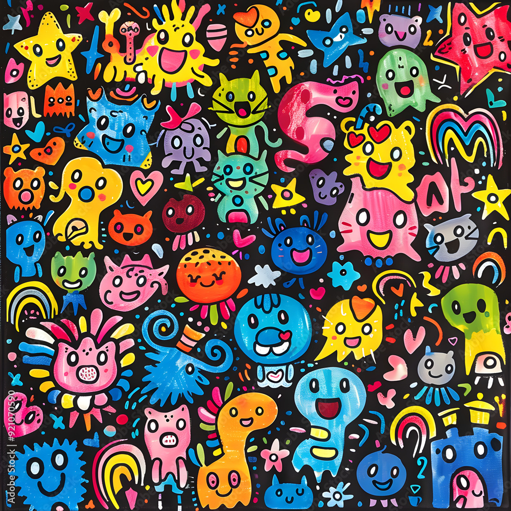 Naklejka premium Vibrant collection of playful designs featuring animals, stars, and hearts, showcasing children's creativity against dark backdrop