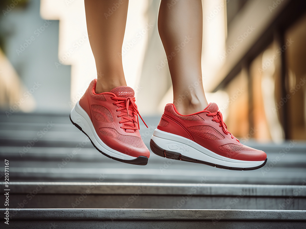 Focus on red jogging shoes of a woman standing on stairs Focus on red jogging shoes of a woman standing on stairs