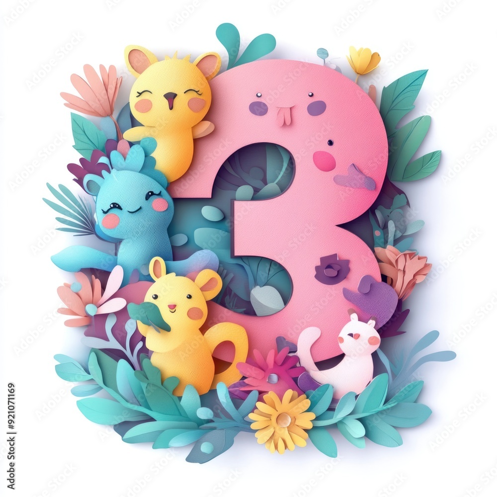 Obraz premium Paper cut style illustration, colorful 3D whimsical, text 